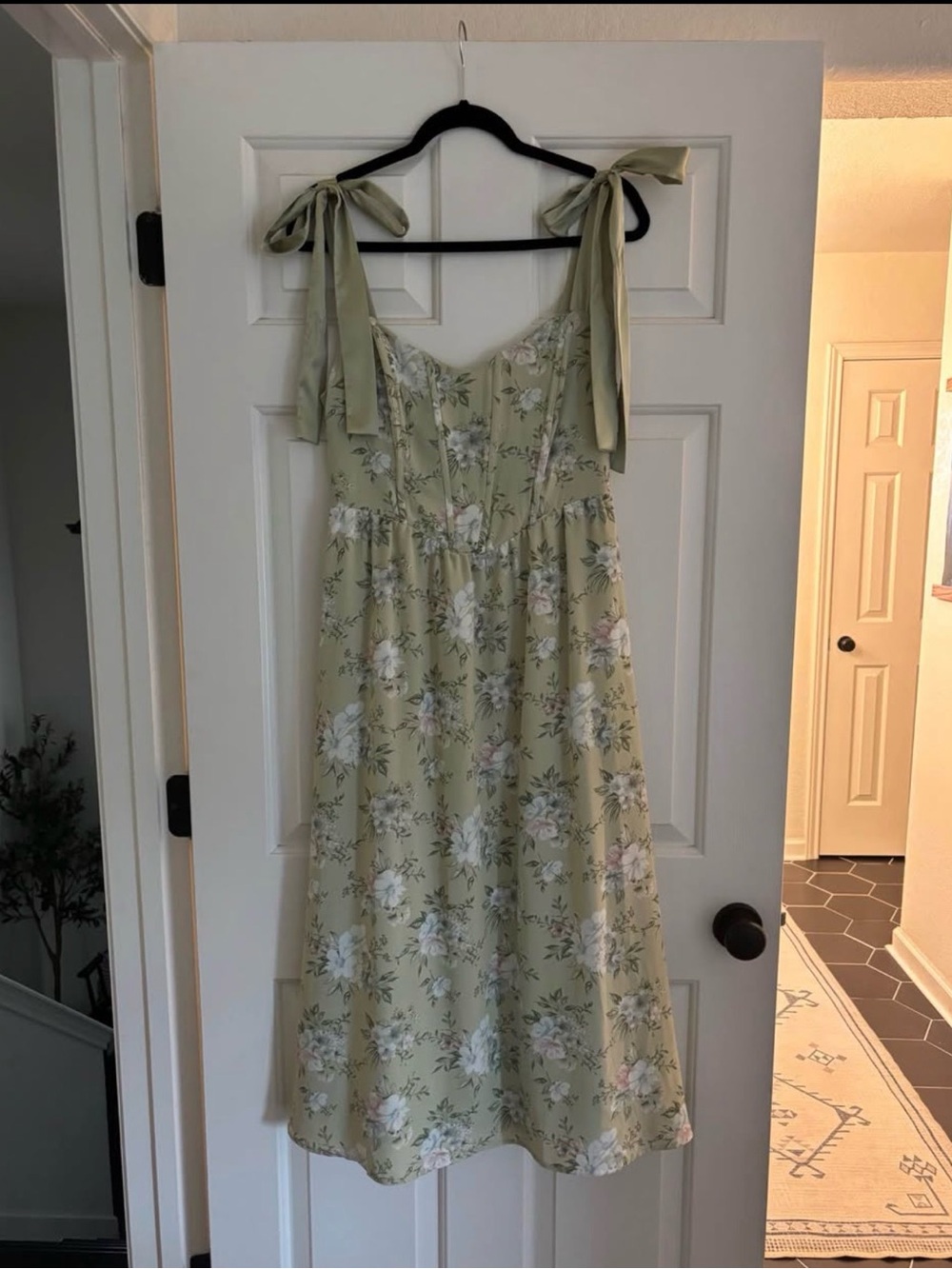 Sage Floral Tie-Shoulder Midi Dress